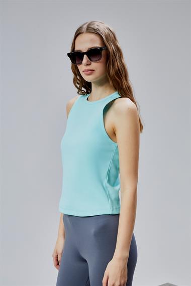 Kadın Halter Yaka Kolsuz Turkuaz Basic Crop Bluz