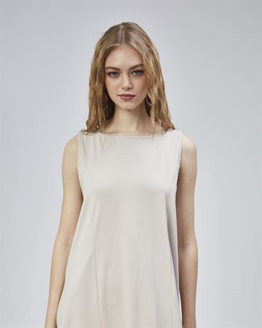 Kadın Halter Yaka Sıfır Kol Düz Oversize Midi Boy Krem Elbise