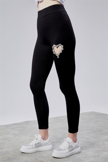 Kadın Kalp Detaylı Yüksek Bel Slim Fit Siyah Tayt 
