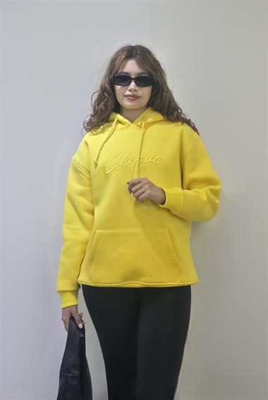 Kadın Kapüşonlu Baskı Detaylı Kanguru Cepli Oversize Sarı Sweatshirt