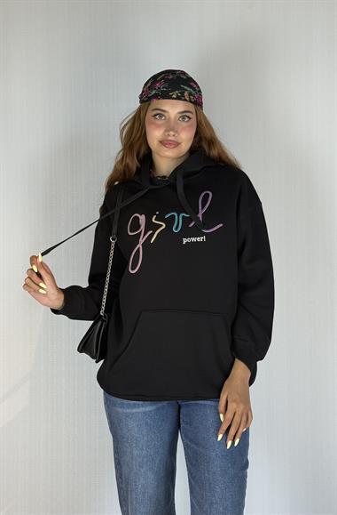 Kadın Kapüşonlu Baskı Detaylı Kanguru Cepli Oversize Sweatshirt 