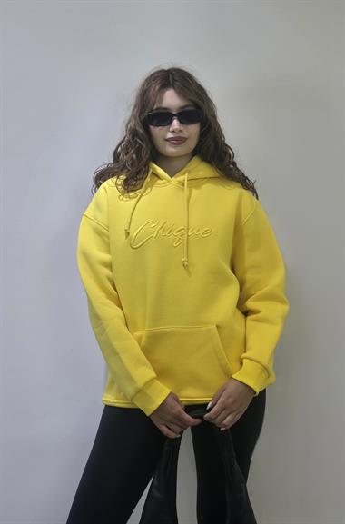 Kadın Kapüşonlu Baskı Detaylı Kanguru Cepli Oversize Sarı Sweatshirt