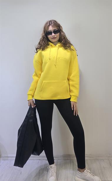 Kadın Kapüşonlu Baskı Detaylı Kanguru Cepli Oversize Sarı Sweatshirt