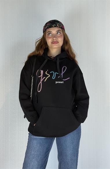 Kadın Kapüşonlu Baskı Detaylı Kanguru Cepli Oversize Sweatshirt 