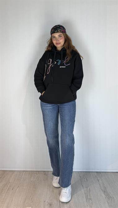 Kadın Kapüşonlu Baskı Detaylı Kanguru Cepli Oversize Sweatshirt 