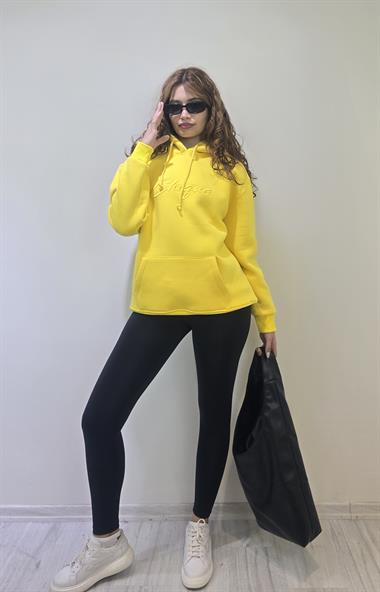 Kadın Kapüşonlu Baskı Detaylı Kanguru Cepli Oversize Sarı Sweatshirt
