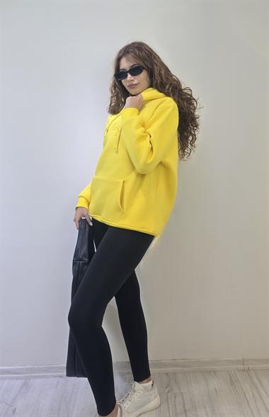 Kadın Kapüşonlu Baskı Detaylı Kanguru Cepli Oversize Sarı Sweatshirt