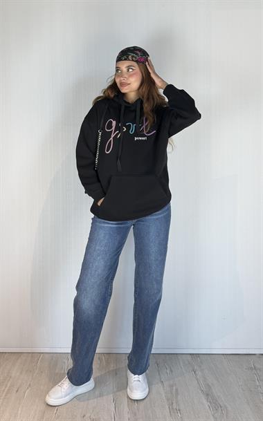 Kadın Kapüşonlu Baskı Detaylı Kanguru Cepli Oversize Sweatshirt 