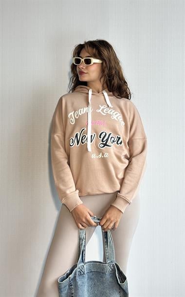 Kadın Kapüşonlu Baskı Detaylı Uzun Kol Oversize Bej Sweatshirt