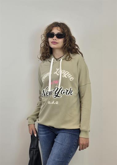 Kadın Kapüşonlu Baskı Detaylı Uzun Kol Oversize Mint Sweatshirt