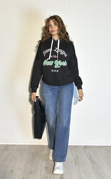 Kadın Kapüşonlu Baskı Detaylı Uzun Kol Oversize Siyah Sweatshirt
