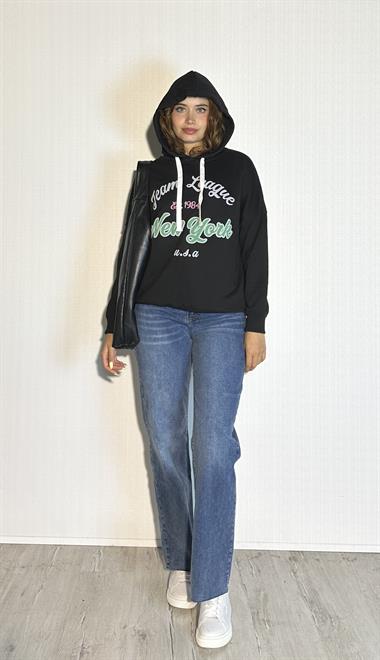 Kadın Kapüşonlu Baskı Detaylı Uzun Kol Oversize Siyah Sweatshirt