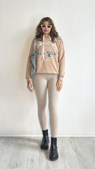 Kadın Kapüşonlu Baskı Detaylı Uzun Kol Oversize Bej Sweatshirt