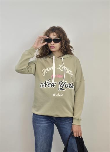 Kadın Kapüşonlu Baskı Detaylı Uzun Kol Oversize Mint Sweatshirt