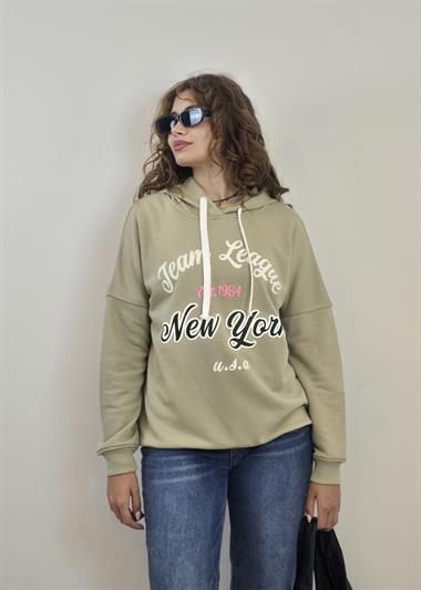 Kadın Kapüşonlu Baskı Detaylı Uzun Kol Oversize Mint Sweatshirt