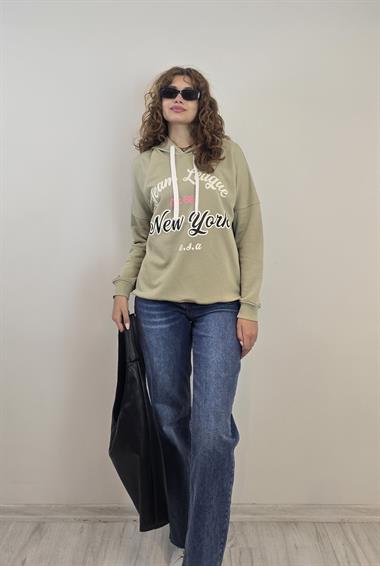 Kadın Kapüşonlu Baskı Detaylı Uzun Kol Oversize Mint Sweatshirt