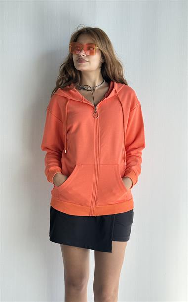 Kadın Kapüşonlu Fermuarlı Cep Detaylı Oversize Oranj Hırka Sweatshirt