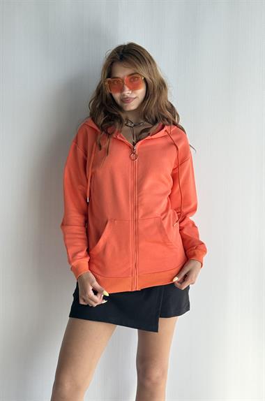 Kadın Kapüşonlu Fermuarlı Cep Detaylı Oversize Oranj Hırka Sweatshirt