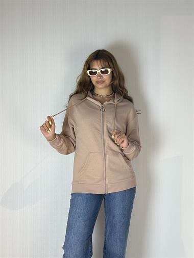 Kadın Kapüşonlu Fermuarlı Cep Detaylı Oversize Kahverengi  Hırka Sweatshirt