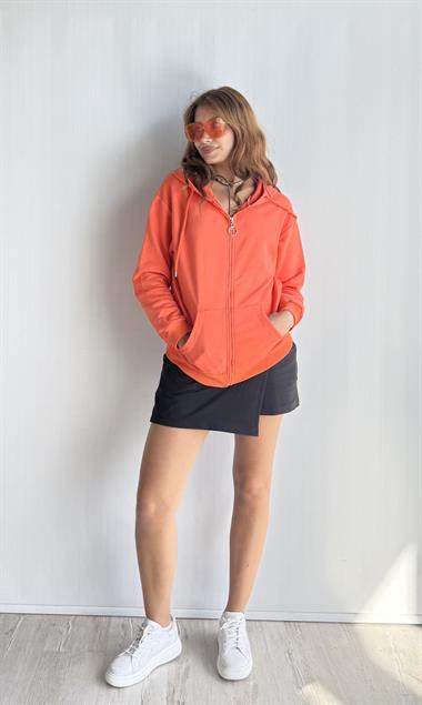 Kadın Kapüşonlu Fermuarlı Cep Detaylı Oversize Oranj Hırka Sweatshirt