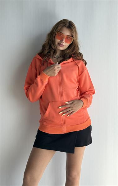 Kadın Kapüşonlu Fermuarlı Cep Detaylı Oversize Oranj Hırka Sweatshirt