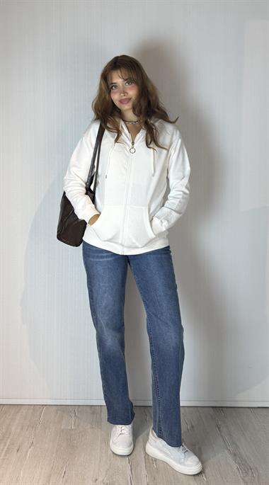 Kadın Kapüşonlu Fermuarlı Cep Detaylı Oversize Ekru Hırka Sweatshirt