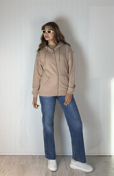 Kadın Kapüşonlu Fermuarlı Cep Detaylı Oversize Kahverengi  Hırka Sweatshirt