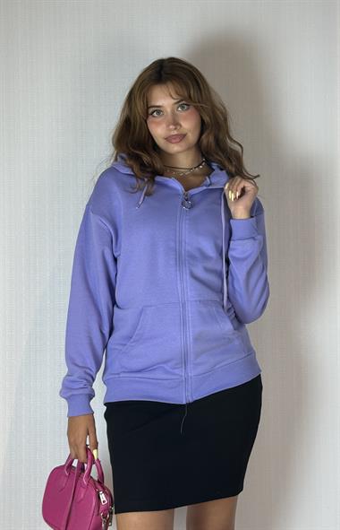 Kadın Kapüşonlu Fermuarlı Cep Detaylı Oversize Mor Hırka Sweatshirt