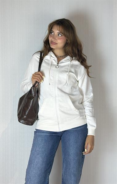 Kadın Kapüşonlu Fermuarlı Cep Detaylı Oversize Ekru Hırka Sweatshirt