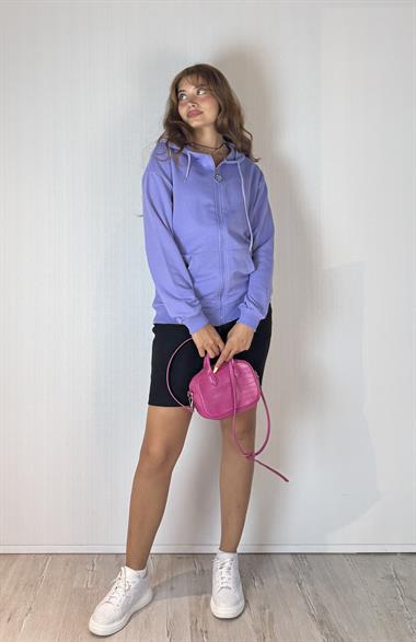 Kadın Kapüşonlu Fermuarlı Cep Detaylı Oversize Mor Hırka Sweatshirt