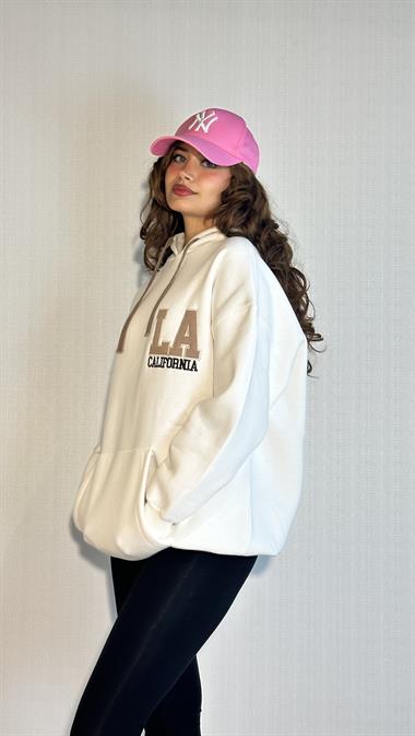 Kadın Kapüşonlu Kanguru Cepli Baskı Detaylı Uzun Kol Oversize Ekru Sweatshirt