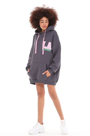 Kadın Kapüşonlu Kanguru Cepli Baskı Detaylı Uzun Kol Oversize Füme Sweatshirt