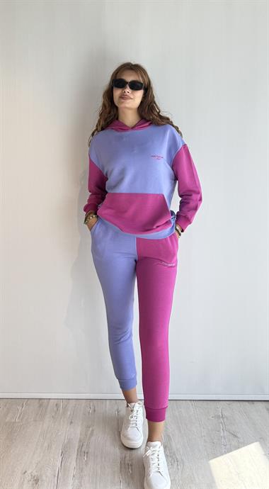 Kadın Kapüşonlu Kanguru Cepli Baskı Detaylı Uzun Kollu Oversize Bel Lastikli Lila Eşofman Takımı