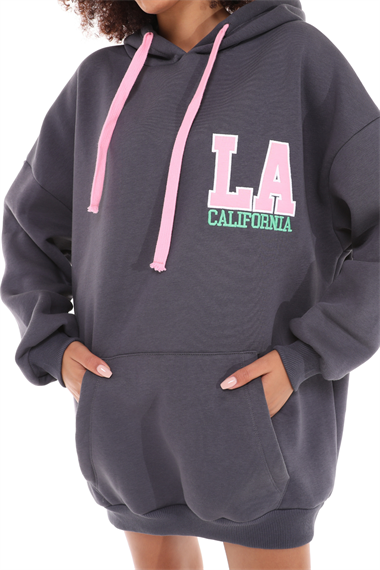 Kadın Kapüşonlu Kanguru Cepli Baskı Detaylı Uzun Kol Oversize Füme Sweatshirt
