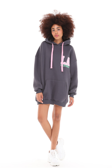 Kadın Kapüşonlu Kanguru Cepli Baskı Detaylı Uzun Kol Oversize Füme Sweatshirt