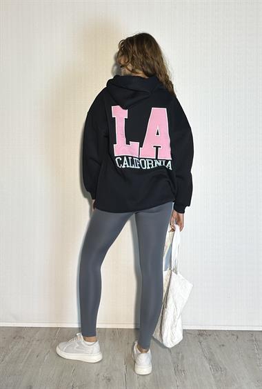 Kadın Kapüşonlu Kanguru Cepli Baskı Detaylı Uzun Kol Oversize Siyah Sweatshirt