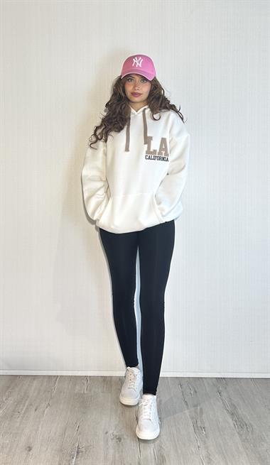 Kadın Kapüşonlu Kanguru Cepli Baskı Detaylı Uzun Kol Oversize Ekru Sweatshirt