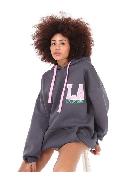 Kadın Kapüşonlu Kanguru Cepli Baskı Detaylı Uzun Kol Oversize Füme Sweatshirt