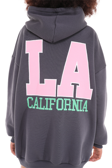 Kadın Kapüşonlu Kanguru Cepli Baskı Detaylı Uzun Kol Oversize Füme Sweatshirt