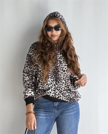 Kadın Kapüşonlu Kanguru Cepli Leopar Desenli Uzun Kol Oversize Sweatshirt 