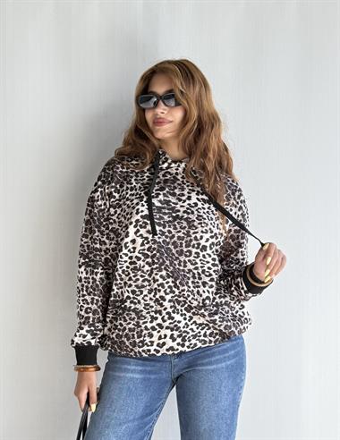Kadın Kapüşonlu Kanguru Cepli Leopar Desenli Uzun Kol Oversize Sweatshirt 