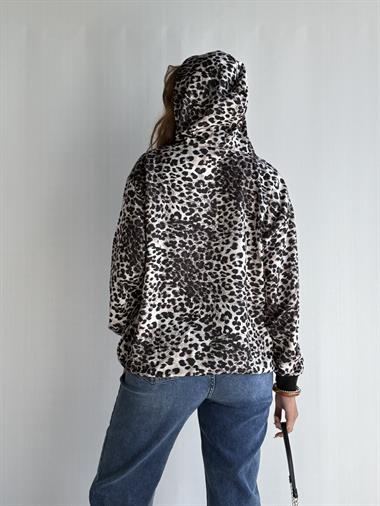 Kadın Kapüşonlu Kanguru Cepli Leopar Desenli Uzun Kol Oversize Sweatshirt 