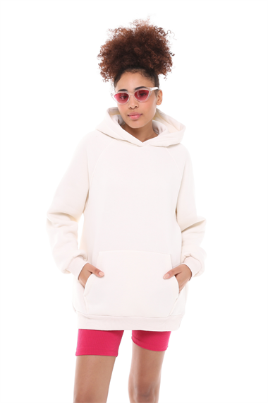 Kadın Kapüşonlu Kanguru Cepli Nakış Baskı Detaylı Uzun Kol Oversize Kutup Beyaz Sweatshirt