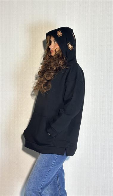 Kadın Kapüşonlu Kanguru Cepli Nakış Baskı Detaylı Uzun Kollu Oversize Sweatshirt 