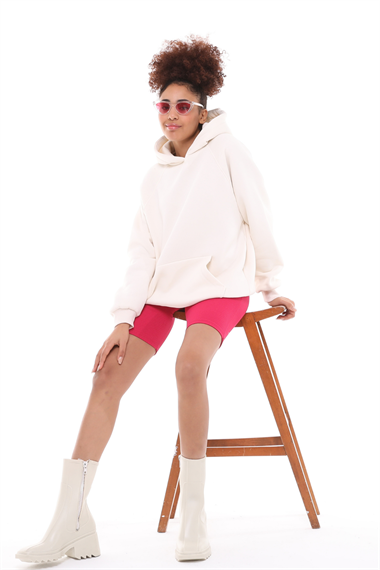 Kadın Kapüşonlu Kanguru Cepli Nakış Baskı Detaylı Uzun Kol Oversize Kutup Beyaz Sweatshirt