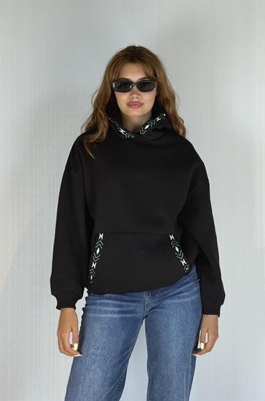 Kadın Kapüşonlu Kanguru Cepli Nakış Baskı Detaylı Uzun Kol Oversize Siyah Sweatshirt