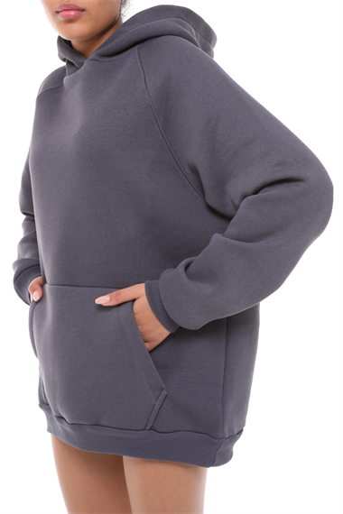 Kadın Kapüşonlu Kanguru Cepli Nakış Baskı Detaylı Uzun Kol Oversize Füme Sweatshirt