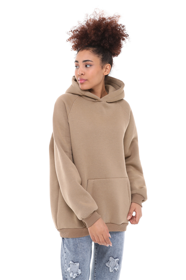 Kadın Kapüşonlu Kanguru Cepli Nakış Baskı Detaylı Uzun Kol Oversize Cappuccion Sweatshirt