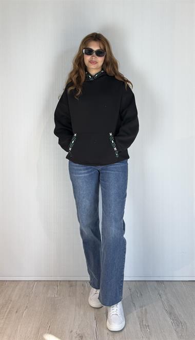 Kadın Kapüşonlu Kanguru Cepli Nakış Baskı Detaylı Uzun Kol Oversize Siyah Sweatshirt