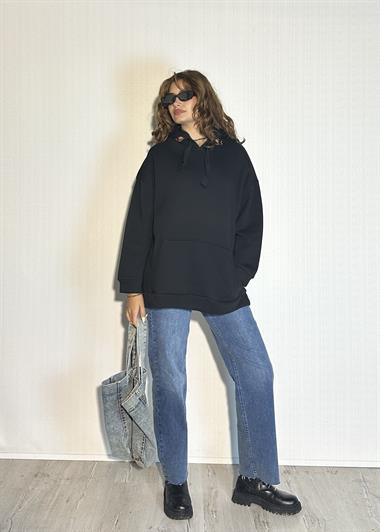 Kadın Kapüşonlu Kanguru Cepli Nakış Baskı Detaylı Uzun Kollu Oversize Sweatshirt 